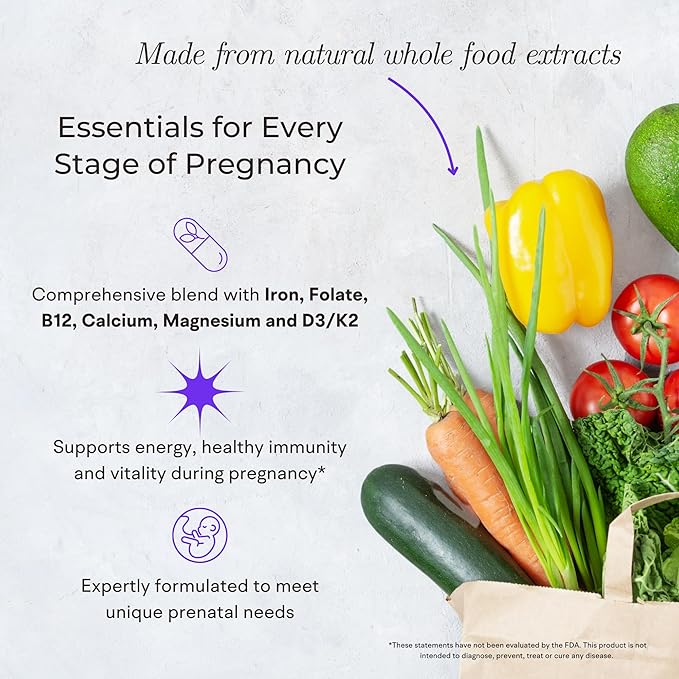 Whole Food Prenatal Vitamins (120 Capsules) Natural Support for Maternal and Fetal Health, Prenatal Multivitamin for Women with Choline, B Vitamins and More, Vegan, No Soy, Gluten or Dairy
