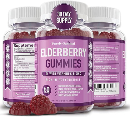 Purely Optimal Elderberry Gummies - Immune Support Supplement with Vitamin C & Zinc, Organic Black Elderberry Extract, Vegan, Non-GMO, Gluten-Free, 60 Count