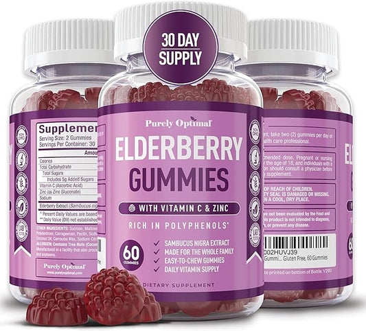 Purely Optimal Elderberry Gummies - Immune Support Supplement with Vitamin C & Zinc, Organic Black Elderberry Extract, Vegan, Non-GMO, Gluten-Free, 60 Count