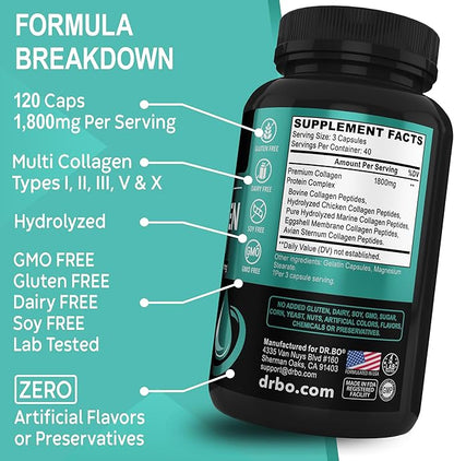 Multi Collagen Peptides for Women & Men - Type I, II, III, V, & X Multi Collagen for Women & Men Complex Capsules, Hydrolyzed Peptides Pills Supplements for Skin, Hair & Nails - 120 Protein Capsules