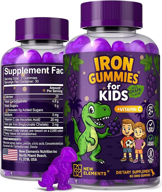 New Elements Iron Dinosaur Gummies for Kids with Vitamin C | Sugar-Free, Vegan, Gluten-Free & Non-GMO | Anemia Relief, Energy & Blood Health Support | Grape Flavor, Pectin-Based for Optimal Health