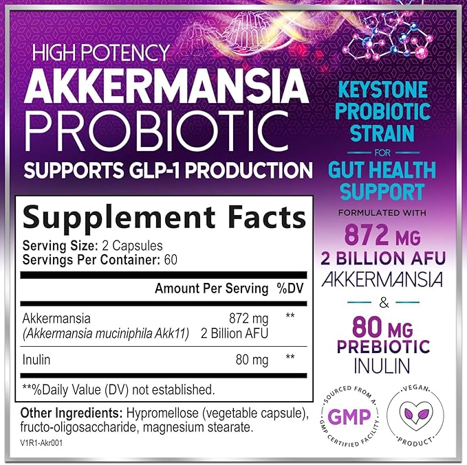 Akkermansia Probiotic GLP-1 Supplement with Prebiotic Fiber - Akkermansia Muciniphila Supports GLP1 Production - Digestive & Gut Health Support - 2 Billion AFU, Delayed Release - 120 Capsules