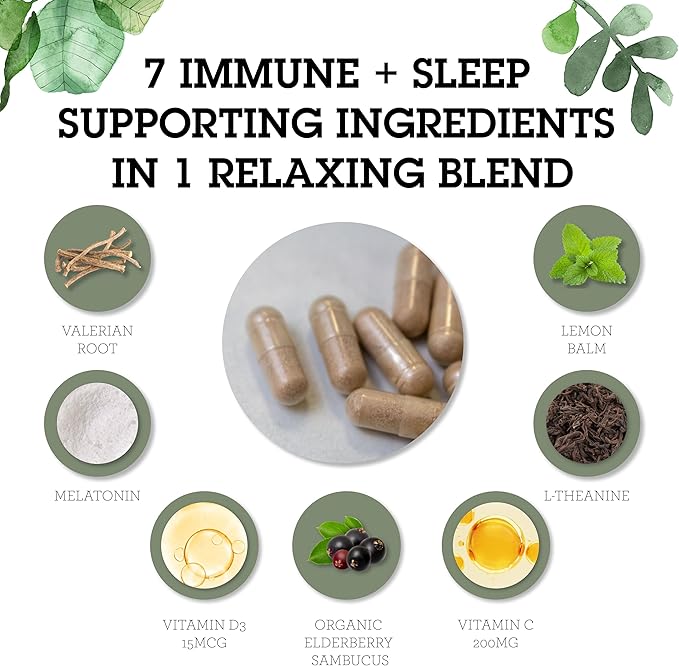 Quantum Health Sleep Immune Support Supplement Melatonin 2mg L Theanine & Valerian Root Plus Elderberry Vitamin C & D Immunity Boost - 30 Capsules