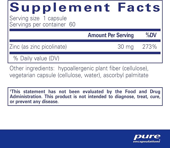 Pure Encapsulations Zinc 30 mg - Supplement for Immune System Support, Growth and Development, and Wound Healing* - with Zinc Picolinate 30 mg - 60 Capsules
