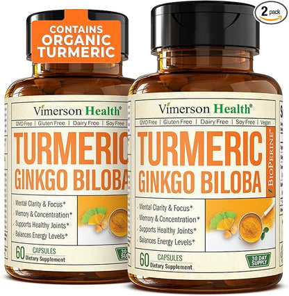 Turmeric Curcumin with Black Pepper and Ginkgo Biloba Supplements. Natural Turmeric Supplement with Organic Tumeric to aid Joint Health, Brain Clarity, Focus, Memory, and Concentration. Vegan. 2 Pack