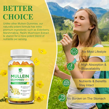 (2 Pack) 9 in 1 Mullein Gummies for Lung Cleanse & Detox, Extra Strength Mullein Leaf Extract w/Quercetin, Bromelain, Elderberry & Marshmallow for Respiratory, Immune & Digestive, Vegan,120 Count