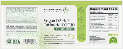 4-in-1 Plant Based Vegan Vitamin D3 2000IU + K2Vital Vitamin K2 with Turmeric and COQ10 - with Avocado Powder for Enhanced Absorption - Heart, Bone, Cellular Health Support