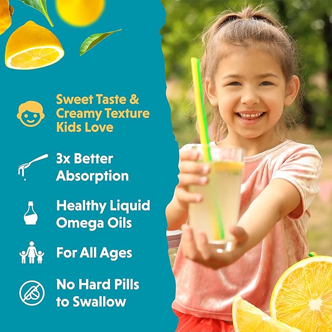 Barlean's Omega Pals Chirpin' Slurpin' Omega 3 for Kids, Yummy Lemonade Flavored Children's Liquid Fish Oil Supplement with 540 mg of EPA and DHA for Brain and Eye Health, 8 oz