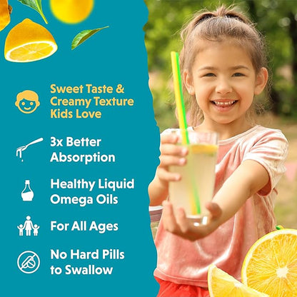 Barlean's Omega Pals Chirpin' Slurpin' Omega 3 for Kids, Yummy Lemonade Flavored Children's Liquid Fish Oil Supplement with 540 mg of EPA and DHA for Brain and Eye Health, 8 oz