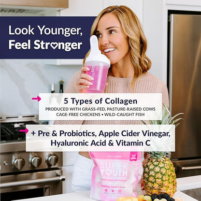 SkinnyFit - Super Youth, Tropical Punch (30 Servings) - Multi Collagen Peptides Powder - Probiotics, Fiber, Hyaluronic Acid - Collagen for Women - Non GMO, Gluten Free, Sugar Free - Beauty & Self Care