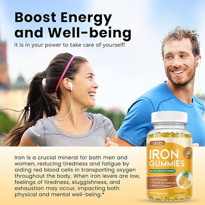 Iron Gummies with Multivitamin, Iron Supplement for Women & Men with Zinc, Vitamin B Complex & C, B12, Folate - Blood Builder & Energy Support for Adults & Kids - Pineapple Flavor, Vegan 60 Gummies