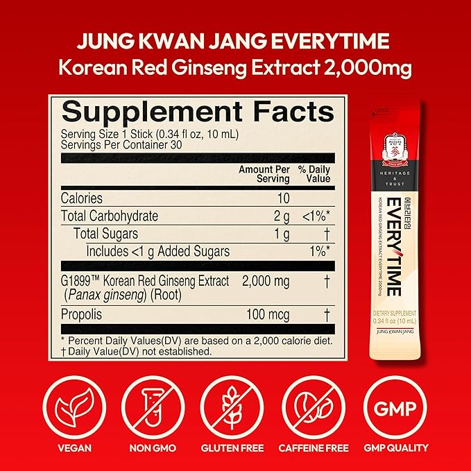 Everytime Korean Red Ginseng Extract 2,000mg - Adaptogen Energy Drink, Liquid Stick Supplements with Propolis - Energy Boost & Immune Support, Caffeine Free (30 Sticks, 0.34 fl oz)