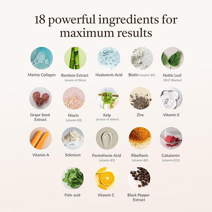 18-in-1 Hair Growth Supplement | Collagen, Hyaluronic Acid, Nettle, Silica, Biotin, Grape Seed Extract, Bamboo | Stronger, Thicker, Longer Hair – Supports Hair Volume, Shine, Scalp & Nail Health