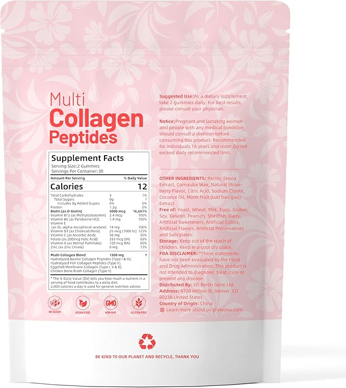 Women & Men Multi Collagen Peptides Gummies Sugar-Free, Multi Collagen Hydrolyzed Protein Type I,II,III,V,X, Biotin, Methylated B12, Vitamin C A E D3 B6 for Skin Hair Nails, Bone