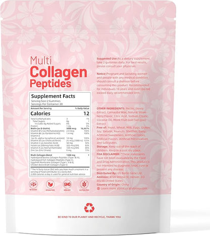 Women & Men Multi Collagen Peptides Gummies Sugar-Free, Multi Collagen Hydrolyzed Protein Type I,II,III,V,X, Biotin, Methylated B12, Vitamin C A E D3 B6 for Skin Hair Nails, Bone