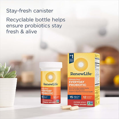 Renew Life Everyday Probiotic Capsules, Daily Supplement Supports Urinary, Digestive and Immune Health, L. Rhamnosus GG, Dairy, Soy and gluten-free, 15 Billion CFU, 30 Count