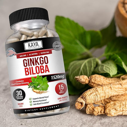 Kaya Naturals Red Panax Ginseng + Ginkgo Biloba - Nootropic Brain Supplement - Cognitive and Concentration Support - Brain Booster, Focus, and Memory Supplement - 30 Capsules