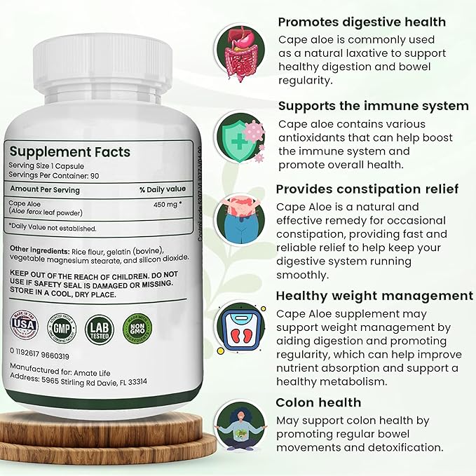 Cape Aloe Natural Laxative Supplement- Constipation Relief- Regulate Bowel - All-Natural Herbal Detox- Weight Management Supplement- Digestion Help Dietary Supplement- 90 Caps- Non-GMO