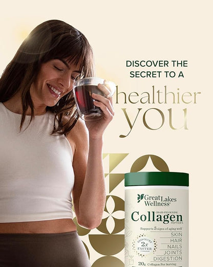 Great Lakes Wellness Bovine Collagen Peptides Powder for Skin, Hair, Nails, Joints & Digestion - Unflavored - Quick Dissolve Hydrolyzed, Wild Caught, MSC Certified, Non-GMO, Kosher - 32 oz