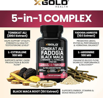 X Gold Health Tongkat Ali, Fadogia Agrestis, Black Maca, L-Arginine & L-Citrulline: Boost Energy, Vitality, Performance, Muscle Recovery & Balance – Premium Wellness Support for Men & Women