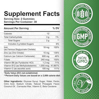 Iron Gummies with Zinc, Calcium, Vitamin C, B6 & B12 | Iron Supplement for Women, Men & Kids | Supports Anemia & Deficiency, Blood Builder & Cell Formation | Chewable Pineapple Flavor | 60 Gummies