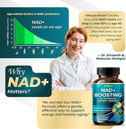 GriMed NAD + Boosting 16,550mg- x12 Power with NR + Resveratrol Turmeric + Quercetin - Cellular Energy, Cellular Repair, Healthy Aging - USA Made & Tested (90 Count (Pack of 1))