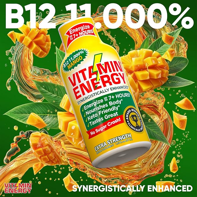Vitamin Energy B12 Extra Strength Daily Energy Shot – Mango – 260mg Natural Caffeine, 11,000% B12, B6 – Focus & Vitality Support – Zero Sugar, Vegan, Kosher, Gluten-Free – 1.93 fl oz, 8-Pack