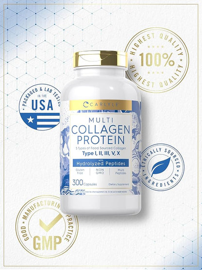 Carlyle Multi Collagen Protein Capsules 2000mg | 300 Count | Type I, II, III, V, X | Collagen Peptide Pills | Keto & Paleo Friendly, Gluten Free, Non-GMO Supplement