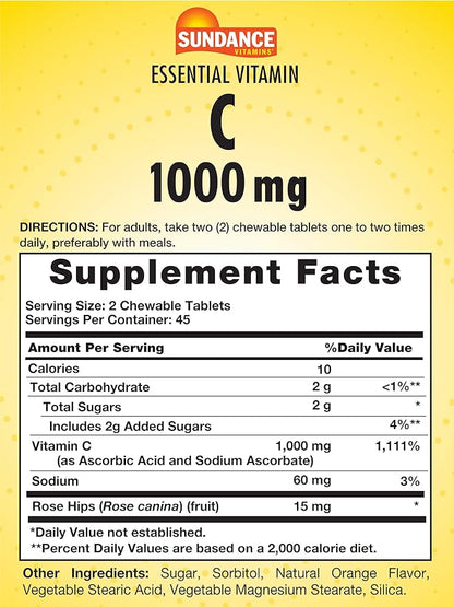 Sundance Chewable Vitamin C 1000mg | 90 Tablets | Natural Orange Flavor | Vegetarian, Non-GMO, and Gluten Free Supplement