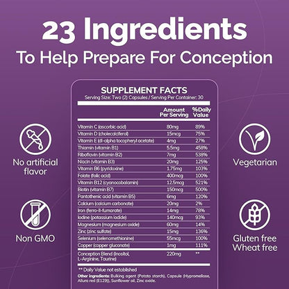 CONCEIVE PLUS Women's Fertility Support: Conception Prenatal Supplements for Her, Aids Hormonal Balance, & Regular Cycles - Folic Acid, B12, Zinc, Biotin, Non-GMO - 60 Vegetarian Soft Capsules