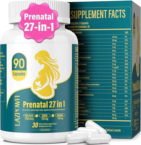 Prenatal Vitamins for Women multivitamin with Folic Acid DHA Choline for Pregnant and Breastfeeding Women Niacinamide Biotin and Minerals 27 in 1 Needed Supplement 90 Capsules-30 Servings-Yellow