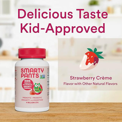 SmartyPants Kids Probiotic Immunity Gummies: Prebiotics & Probiotics for Immune Support & Digestive Comfort, Strawberry Crème, Vegan Gummy Vitamins, 60 Count, 30 Day Supply, No Refrigeration Required