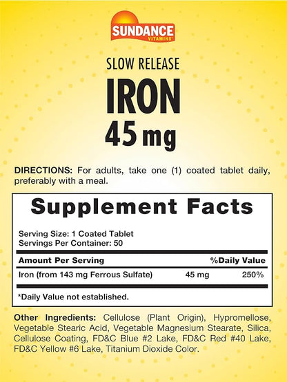 Sundance Iron 45mg Slow Release Pills | 50 Tablets | Essential Mineral Supplement | Vegetarian, Non-GMO, and Gluten Free Formula