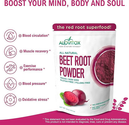 Alovitox Organic Beet Root Powder | 100% Fresh Beet Root Extract | Nitric Oxide Superfood, High in Calcium, Iron, Potassium & Folate | Supports Effective Workouts | Vegan, Non-GMO, Gluten-Free | 16 oz