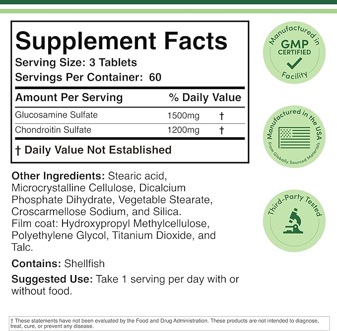 Glucosamine Chondroitin Triple Strength (1,500mg Glucosamine Sulfate, 1,200mg Chondroitin) 180 Tablets, Two Month Supply (Joint Support Supplement) Gluten Free, Non-GMO by Double Wood