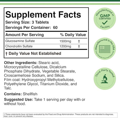 Glucosamine Chondroitin Triple Strength (1,500mg Glucosamine Sulfate, 1,200mg Chondroitin) 180 Tablets, Two Month Supply (Joint Support Supplement) Gluten Free, Non-GMO by Double Wood