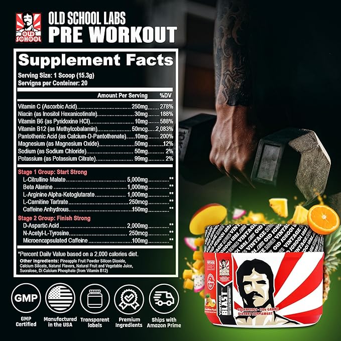 Vintage Blast - The Ultimate Two-Stage Pre Workout Supplement for Explosive Energy, Endurance, & Focus - Boost Workouts with Natural Ingredients: L-Citrulline Malate, Beta-Alanine, & Caffeine - 306g