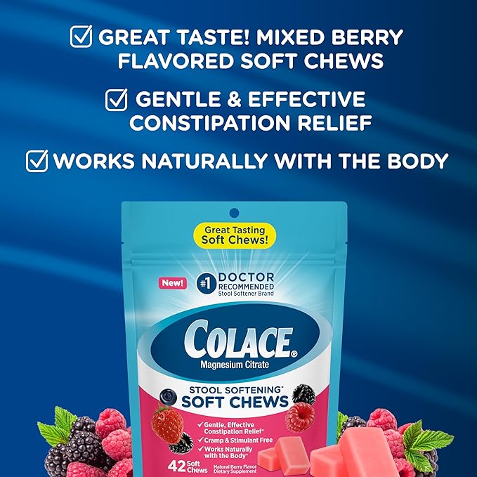 Colace Stool Softener Soft Chews, Gentle Constipation Relief, No.1 Doctor Recommended Stool Softener Brand, 42 Mixed Berry Chews