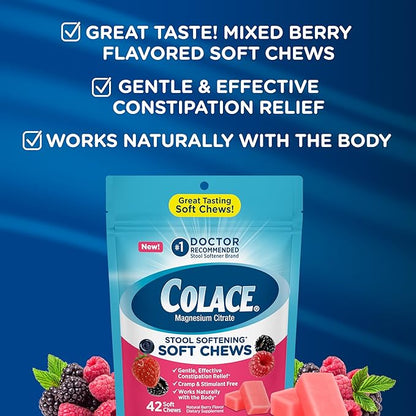 Colace Stool Softener Soft Chews, Gentle Constipation Relief, No.1 Doctor Recommended Stool Softener Brand, 42 Mixed Berry Chews