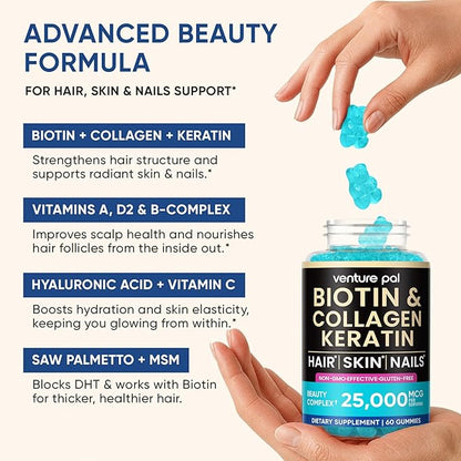 Venture Pal Biotin Gummies with Collagen & Keratin - Hair Growth Support Skin and Nail Strength Vitamins for Women & Men - Biotin 10000mcg | B-Complex | Saw Palmetto - Sugar Free, Non-GMO, 60ct