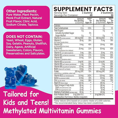 Kids Methylated Multivitamin - Chewable Multivitamin for Kids & Teens 4+, With L Methylfolate, Vegan Omega-3, Zinc, Probiotics & Elderberry, Immune Support, Brain Health, MTHFR Supplement, Sugar-Free