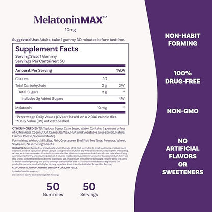 Natrol Melatonin 10mg Sleep Aid Supplement, 50 Count MelatoninMax Gummies, Blueberry Flavor, 10 mg Melatonin Gummies for Occasional Sleeplessness, 50 Day Supply