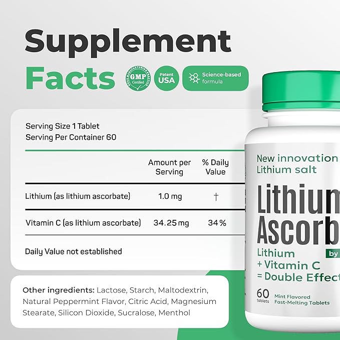 Lithium Ascorbate 1 mg with Vitamin C - 60 Tablets – Brain Supplements for Memory and Focus, Mood and Stress Relief Supplement, Lithium Orotate, Depression Support, Brain Booster