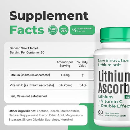 Lithium Ascorbate 1 mg with Vitamin C - 60 Tablets – Brain Supplements for Memory and Focus, Mood and Stress Relief Supplement, Lithium Orotate, Depression Support, Brain Booster