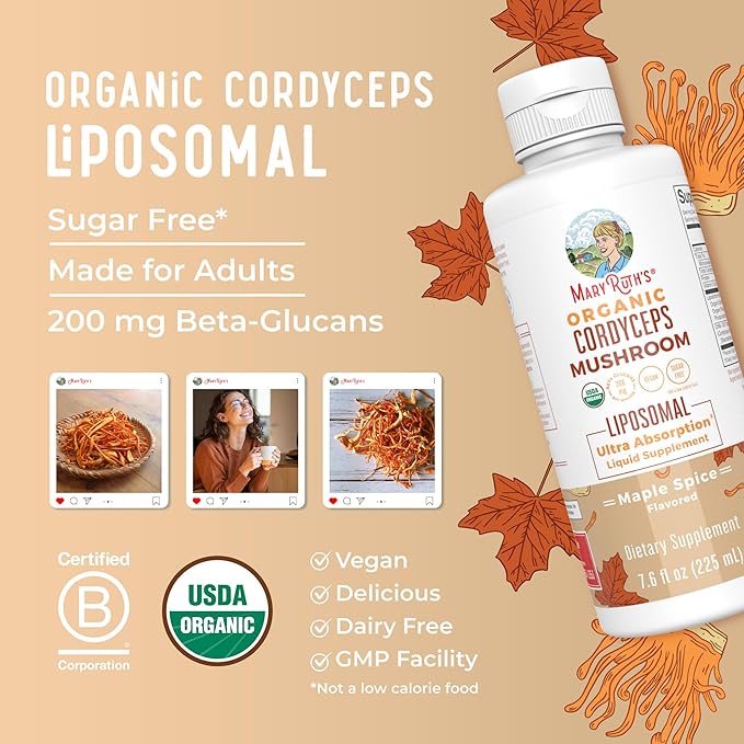 MaryRuth Organics Cordyceps Mushroom Supplement | Ultra Absorption Liposomal | Full Spectrum Mushroom | 200mg Beta-Glucans Per Serving | USDA Organic | Vegan | 7.6 oz | 15 Servings