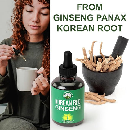 Korean Red Ginseng Liquid Drops with Pleasant Taste. from Panax Korean Root Extract for Energy, Stamina, Focus. Vegan Nootropic, Zero Sugar Oil Tincture Herbal Supplement for Men and Women
