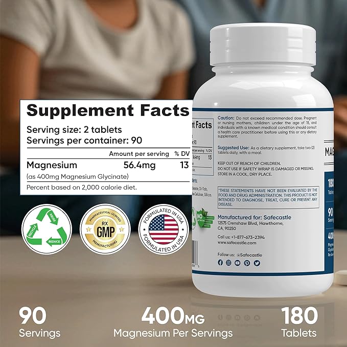 400 mg Magnesium Glycinate 180 Tablets Non Buffered High Absorption Non-GMO Promotes Cardiovascular Health Supplement for Stress Relief, Sleep, Heart Health, Ease Muscles, Calm Headaches Pack of 2