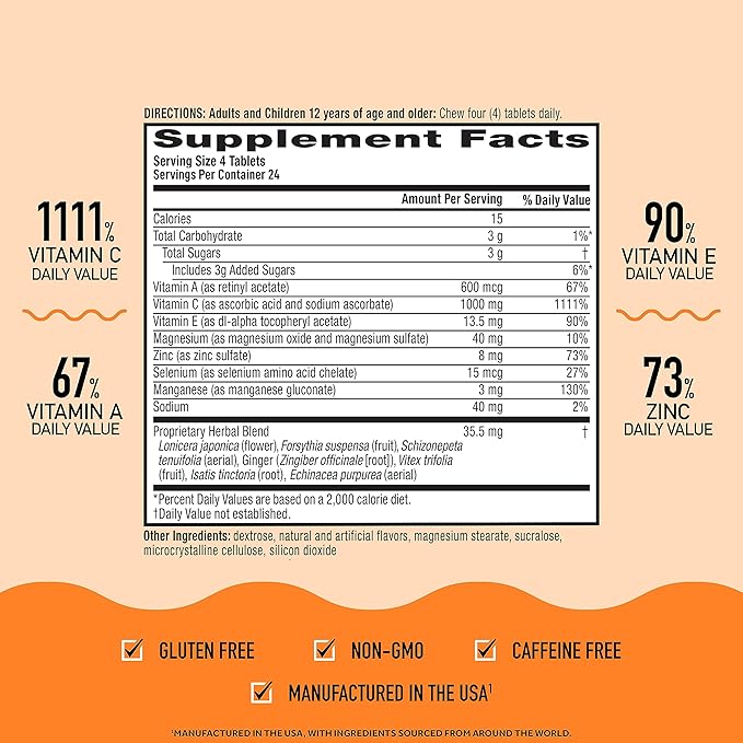 Airborne Vitamin C 1000mg (per Serving) - Citrus Chewable Tablets (96 Count in a Box), Gluten-Free Immune Support Supplement with Vitamins A C E, Zinc, Selenium, Echinacea, Ginger, Antioxidants