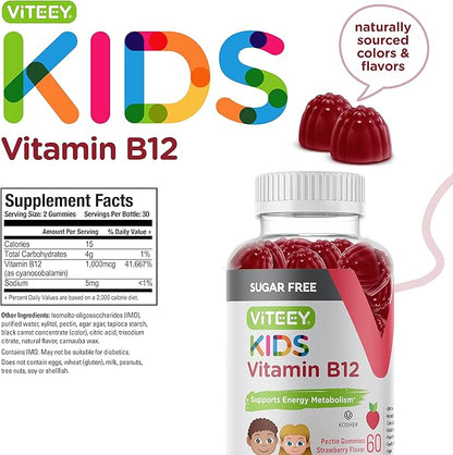 Vitamin B12 for Kids Gummies, 1000mcg - Sugar Free - Metabolism, Natural Energy Support - Vegan, Gelatin Free, Gluten Free, GMO Free - Tasty Chewable B12 Strawberry Flavored Gummy