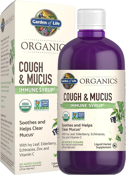 Garden of Life Organics Elderberry Zinc Immune Support for Adults and Kids 12 and Older, Organic Cough & Mucus Immune Syrup with Ivy Leaf, Vitamin C and Echinacea, No Added Sugars, 5 Fl oz